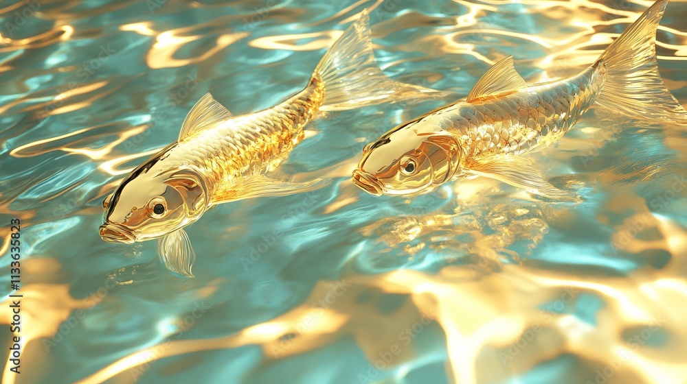 Two golden koi fish float serenely in calm, reflective water. Their metallic-like scales shimmer in the gentle light, creating a peaceful and enchanting aquatic scene that evokes tranquility and Two golden koi fish float serenely in calm, reflective water. Their metallic-like scales shimmer in the gentle light, creating a peaceful and enchanting aquatic scene that evokes tranquility and
