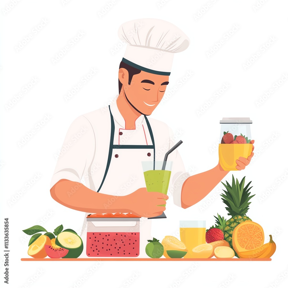 Chef preparing healthy smoothies with fresh fruits on a white isolated background. Chef preparing healthy smoothies with fresh fruits on a white isolated background.