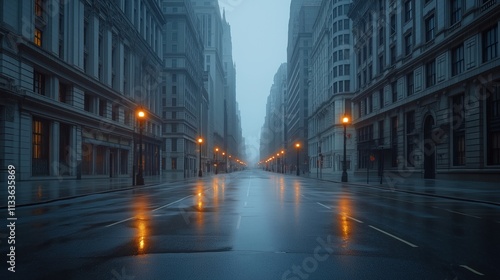 Empty city street at night. Tall buildings line street. Rainy evening. Few lights glow. Urban scene. Gloomy atmosphere. Minimalist style. Urban landscape. Silent night. City view. Architectural