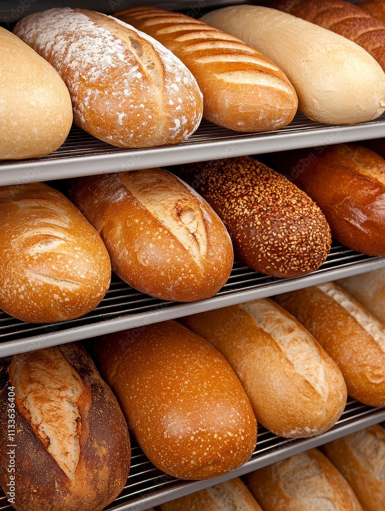 Freshly Baked Breads on Display in Bakery Shelves Freshly Baked Breads on Display in Bakery Shelves