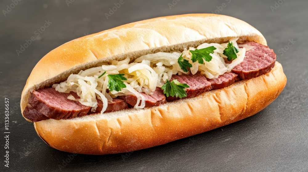 Delicious and Savory Sandwich with Layers of Tender Meat, Sauerkraut, and Fresh Parsley on a Soft Bun Perfect for Lunch or Snack Enjoyment Delicious and Savory Sandwich with Layers of Tender Meat, Sauerkraut, and Fresh Parsley on a Soft Bun Perfect for Lunch or Snack Enjoyment
