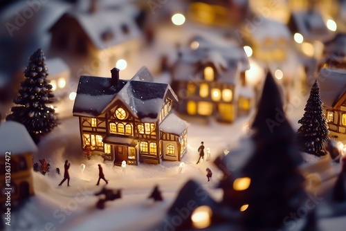 Cena de vila em miniatura com neve iluminada 
 photo