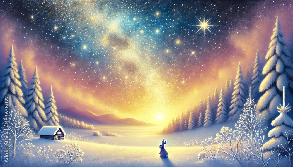 Golden Starlit Winter: A Rabbit's Distant Gaze into a Dreamy Night Sky