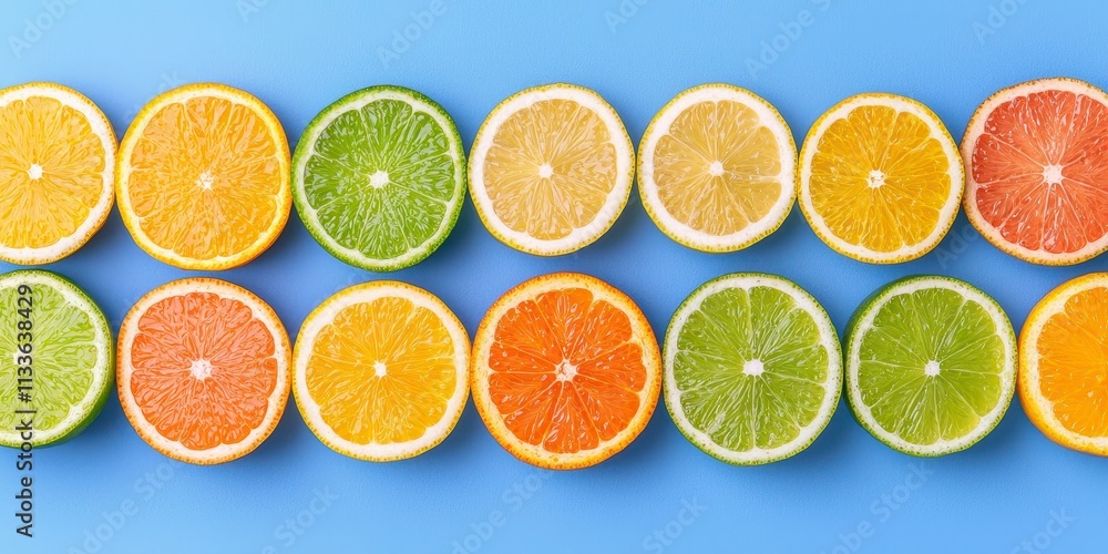 Citrus Fruit Slices Arranged in Rows on Blue Background Citrus Fruit Slices Arranged in Rows on Blue Background