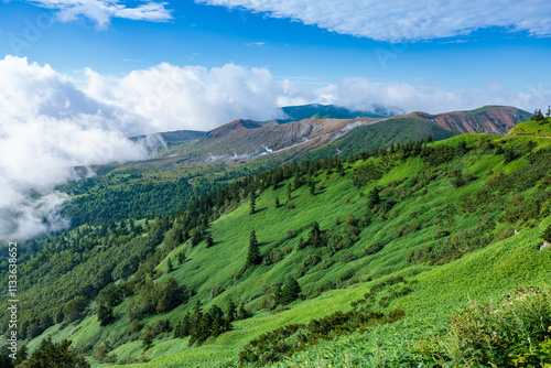 Spectacular view of Mt. Shirane in summer from Shibu Pass, Shiga Kogen. photo