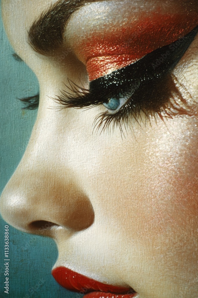 Fototapeta premium Elegant close-up of a woman's face showcasing striking makeup with bold eyeshadow and lipstick against a textured background