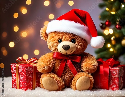 Greeting Christmas card Cute Teddy Bear in a Santa hat with gifts