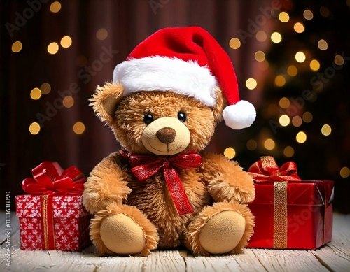 Greeting Christmas card Cute Teddy Bear in a Santa hat with gifts