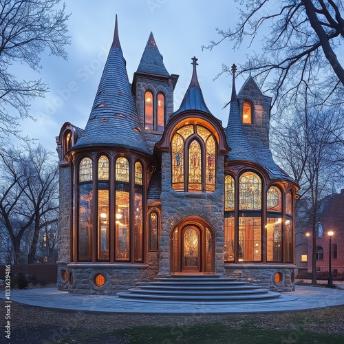 Enchanted Stone: A fairytale castle, with its intricate stained glass windows and towering turrets, glows softly in the twilight. Its warm. photo