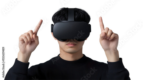VR Exploration, Person in black long-sleeve and virtual reality headset immersed in digital interaction. isolated on transparent background.