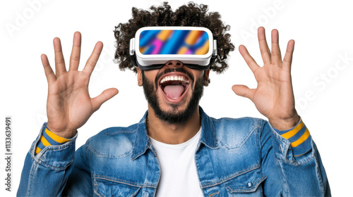 VR Joyful Immersion, Excited Man in Denim Shirt, Colorful Reflections in Headset, Expressive Gesture, White Background isolated on transparent background.