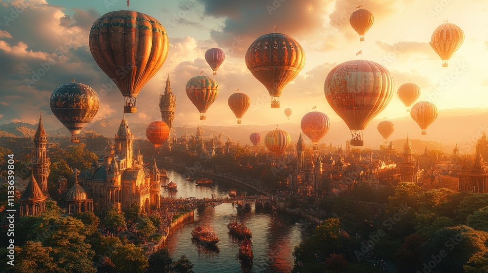 Fototapeta premium Sunset fantasy city, numerous hot air balloons.