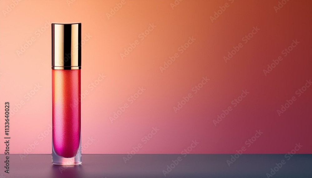 Vibrant pink lip gloss with gold cap on a gradient background. Vibrant pink lip gloss with gold cap on a gradient background.