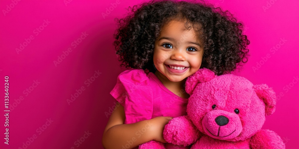 A happy child hugs a pink toy bear. AI. A happy child hugs a pink toy bear. AI.