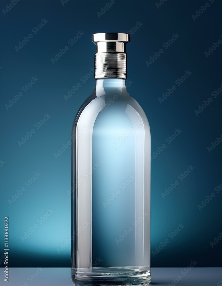 Sleek glass bottle with a metallic cap against a blue background. Sleek glass bottle with a metallic cap against a blue background.
