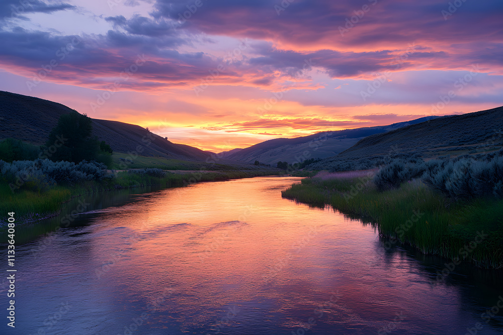 River flowing through a tranquil valley, reflecting the rich colors of the sunset sky above River flowing through a tranquil valley, reflecting the rich colors of the sunset sky above