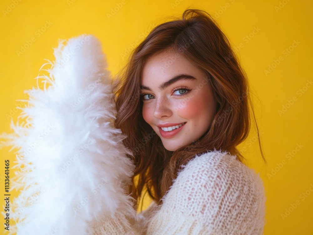 A woman smiles, holding a fluffy feather duster. AI. A woman smiles, holding a fluffy feather duster. AI.