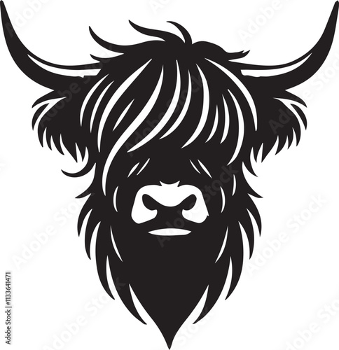 Minimalist Highland Cow head silhouette with bold clean lines vector silhouette