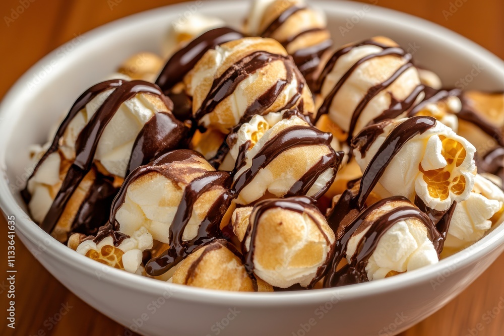 Delicious Popcorn Drizzled with Rich Chocolate Sauce in a White Bowl on a Wooden Table Perfect for Movies or Snack Time Treats Delicious Popcorn Drizzled with Rich Chocolate Sauce in a White Bowl on a Wooden Table Perfect for Movies or Snack Time Treats