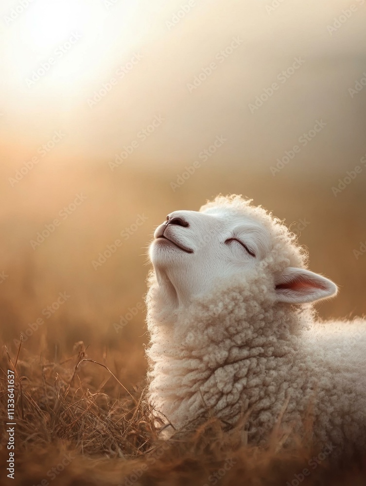 Fototapeta premium Peaceful lamb basking in the golden hour. AI.