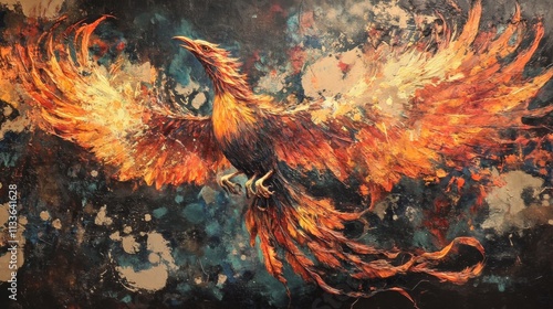 A bold, expressive painting of a phoenix in flight, bursting with energy through fiery brushstrokes. The use of reds, oranges, and yellows creates a stunning visual effect, symbolizing vitality and