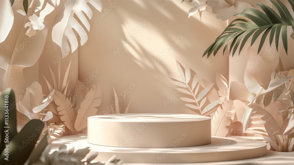 100.Product display with a 3D podium in soft earth tones, geometric elements surrounding it, and a backdrop of layered paper illustrations of leaves and plants, evoking a serene natural vibe. 100.Product display with a 3D podium in soft earth tones, geometric elements surrounding it, and a backdrop of layered paper illustrations of leaves and plants, evoking a serene natural vibe.