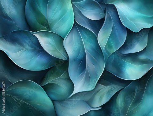 A vibrant abstract artwork showcasing fluid and detailed blue-toned leaves with a serene gradient effect. Suitable for artistic and design uses. AI generated. photo