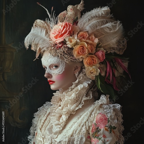 Masquerade of Elegance: A woman adorned in a lavish floral headdress and delicate mask, evokes a sense of mystery and timeless beauty. This artistic portrait captures the essence of elegance, allure.