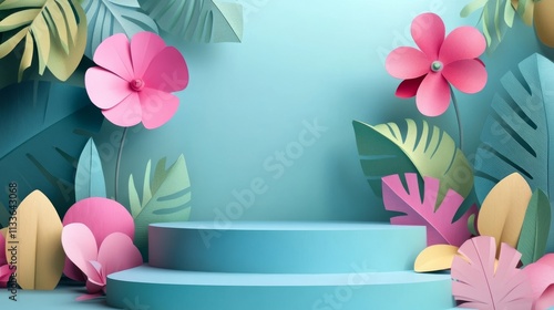 97.Concept 2: Product banner, podium platform with geometric shapes and nature background, paper illustration, and 3D paper photo