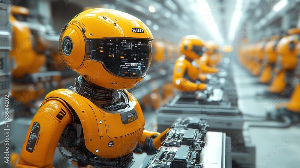 Orange robots working on assembly line. Orange robots working on assembly line.