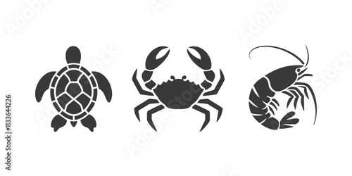 Vector set of black silhouette marine icons featuring a turtle, crab, and shrimp on a white background