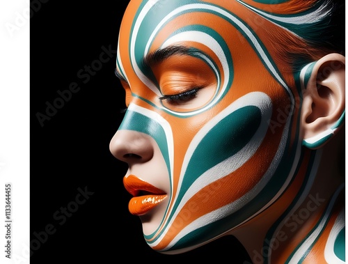 Profile of a young woman with vibrant, swirling orange, blue, and yellow stripes painted across her face, creating a mesmerizing abstract art effect (22) photo