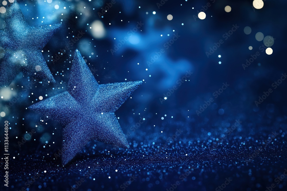 Sparkling blue stars against dark backdrop. Festive atmosphere. Blue glitter accents create magical night effect. Perfect for holiday celebration themes. Suitable for design projects, website Sparkling blue stars against dark backdrop. Festive atmosphere. Blue glitter accents create magical night effect. Perfect for holiday celebration themes. Suitable for design projects, website