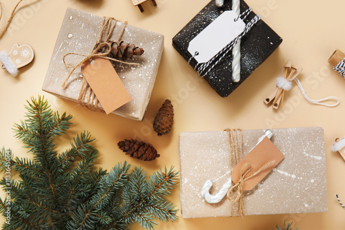 Wallpaper Mural Composition with beautiful Christmas gifts, decorations and fir branches on color background Torontodigital.ca