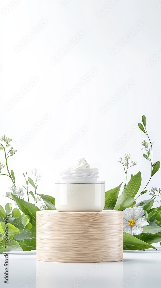 Cream Jar on Wooden Stand with Floral Background Cream Jar on Wooden Stand with Floral Background