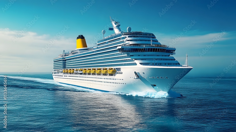 A large cruise ship is majestically floating on top of a vast body of water A large cruise ship is majestically floating on top of a vast body of water