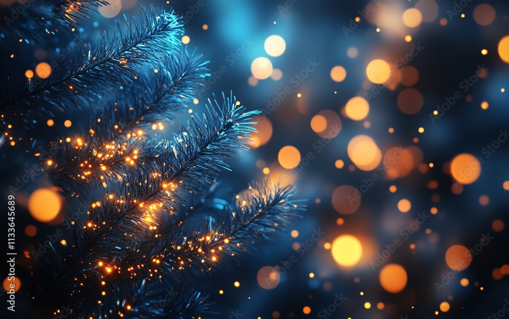 Bokeh lights and blue Christmas tree with glowing ornaments, abstract defocused background, glittering fir branches, 3D rendering of holiday magic Bokeh lights and blue Christmas tree with glowing ornaments, abstract defocused background, glittering fir branches, 3D rendering of holiday magic