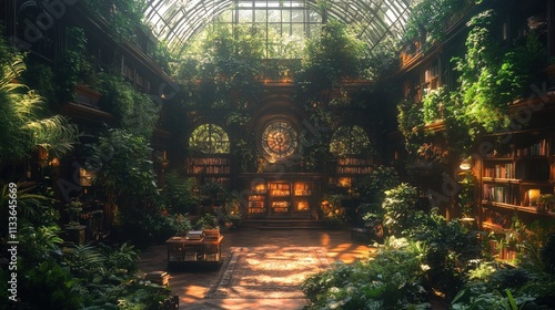 Sunlit library overgrown with lush, vibrant plants.