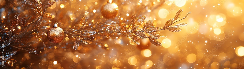 Christmas tree with golden ornaments, fir branches with twinkling bokeh lights, shimmering glitter background, magical holiday vibes Christmas tree with golden ornaments, fir branches with twinkling bokeh lights, shimmering glitter background, magical holiday vibes