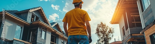 Construction worker on site, house building from blueprints, construction project progress, professional construction plans and tools