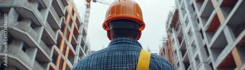 Construction worker reviewing house blueprints, building site in progress, architectural design, construction project, professional work environment