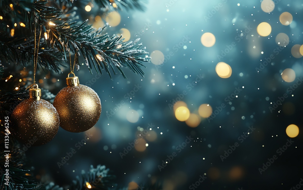Golden ornaments on Christmas tree, hanging from fir branches with glowing bokeh lights, sparkling glitter background for festive mood Golden ornaments on Christmas tree, hanging from fir branches with glowing bokeh lights, sparkling glitter background for festive mood