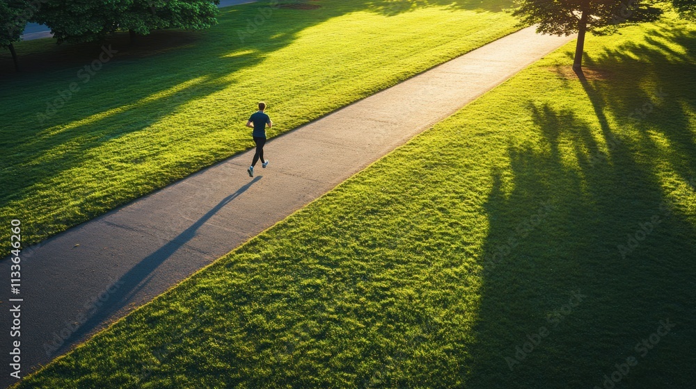 Fototapeta premium A solitary runner makes their way along a well-maintained path in a lush green park, illuminated by the soft morning sunlight. Generative AI