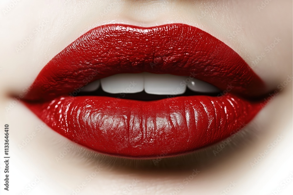 Closeup view of woman lips with bright red lipstick. Perfect red lipstick. Glamorous image. Attractive, sensual. Beauty product. Cosmetics. Makeup artistry. Red lip makeup trend. Style, fashion. Closeup view of woman lips with bright red lipstick. Perfect red lipstick. Glamorous image. Attractive, sensual. Beauty product. Cosmetics. Makeup artistry. Red lip makeup trend. Style, fashion.