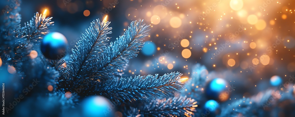 Real fir branches with blue Christmas ornaments, 3D rendered glitter effects, bokeh light glow, abstract festive background with a magical Christmas feel Real fir branches with blue Christmas ornaments, 3D rendered glitter effects, bokeh light glow, abstract festive background with a magical Christmas feel