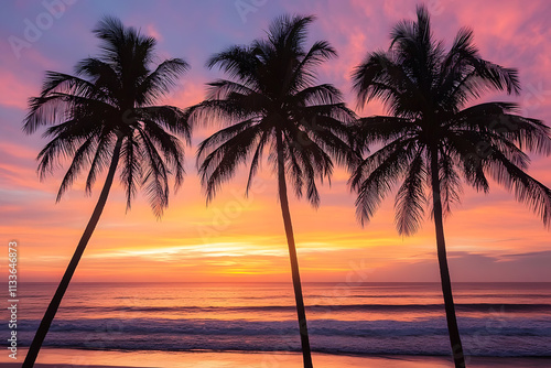 Tropical beach with tall palm trees silhouetted against the colorful sunset sky