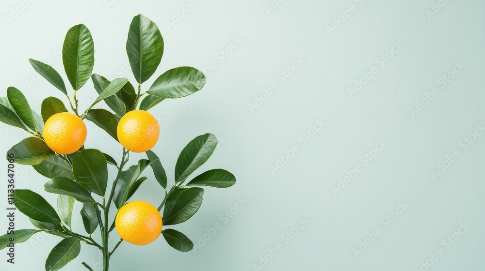 Fresh Oranges on a Branch Against a Light Background Fresh Oranges on a Branch Against a Light Background