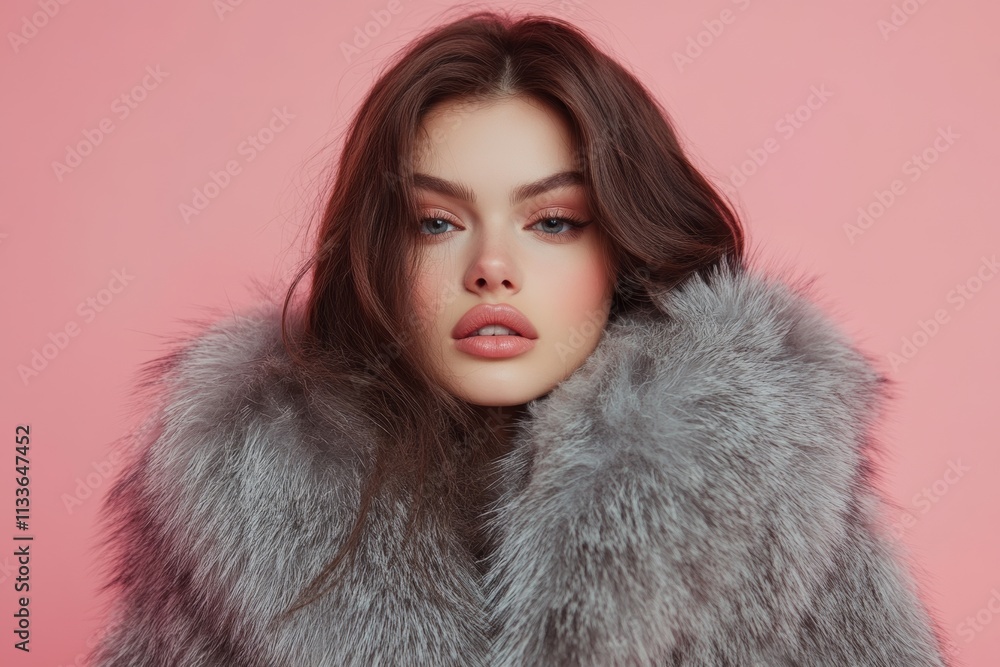 Fashion model showcases elegant fur coat in a striking pink background setting, representing modern sophistication and style trends Fashion model showcases elegant fur coat in a striking pink background setting, representing modern sophistication and style trends