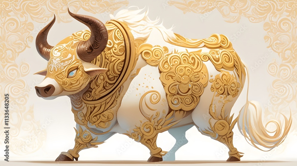 Ornate Golden Bull with Intricate Designs and Swirling Patterns Ornate Golden Bull with Intricate Designs and Swirling Patterns