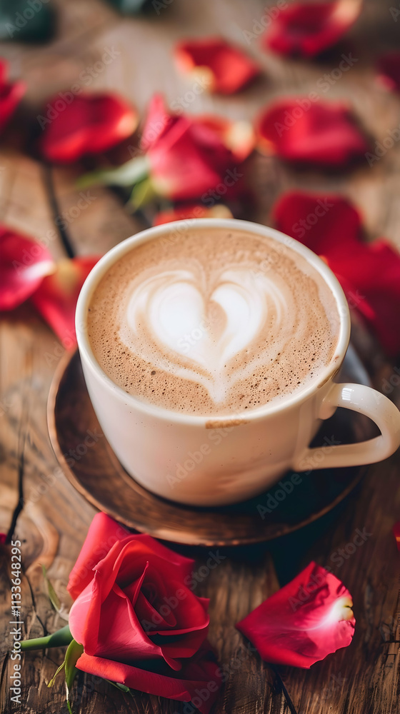 Heart latte art with scattered red rose petals on a wood surface. Heart latte art with scattered red rose petals on a wood surface.